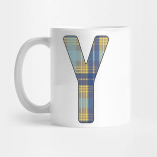 Monogram Letter Y, Blue, Yellow and Grey Scottish Tartan Style Typography Design Mug